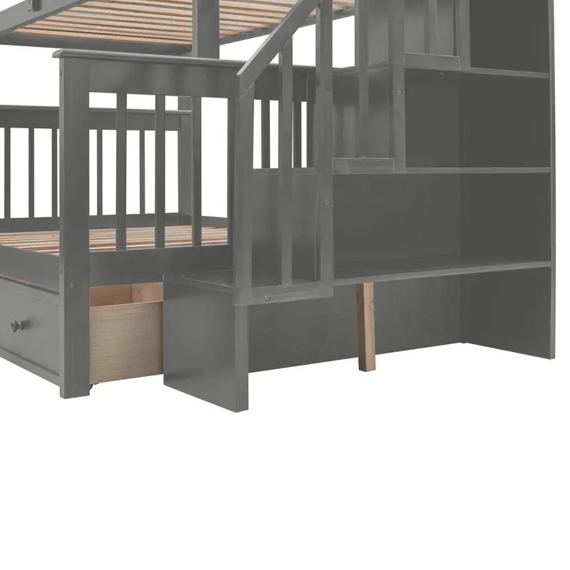 Twin Over Full Stairway Bunk Bed With Drawer, Storage And Guard Rail For Bedroom, Dorm, For Adults -