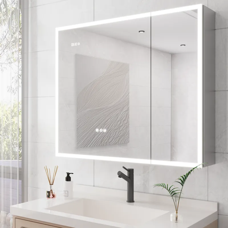 Bathroom Medicine Cabinet With Lights, 36×30" LED Medicine Cabinet With Mirror, Double Door Lighted Medicine Cabinet With Defogger, Dimmer, Clock & Temp Display, 2 Outlets & USB Ports - Silver