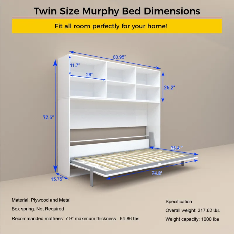 Mordern Design Twin Size Horizontal Murphy Bed With Shelf Storage For Bedroom Or Guestroom Wall Bed 