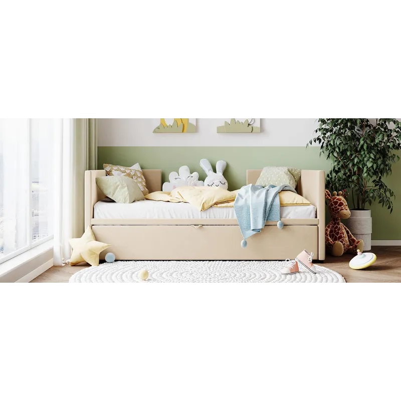 Twin Size Upholstered Daybed With Pop Up Trundle - Beige