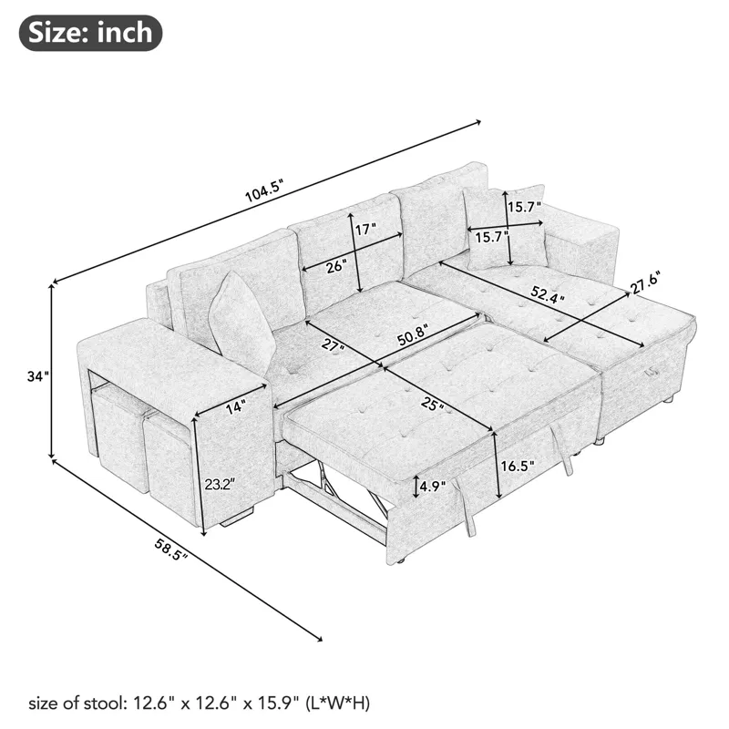 Modern L-Shape 3 Seat Reversible Sectional Couch, Pull Out Sleeper Sofa With Storage Chaise And 2 St