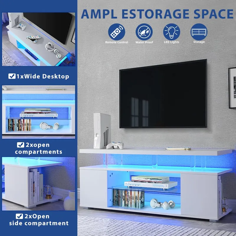 TV Stand LED Gaming Entertainment Center Media Storage Console Table With Large Side Cabinet For Liv