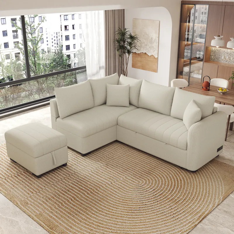L-Shaped Sectional Pull Out Sofa Bed Sleeper Sofa With Two USB Ports, Two Power Sockets And A Movabl