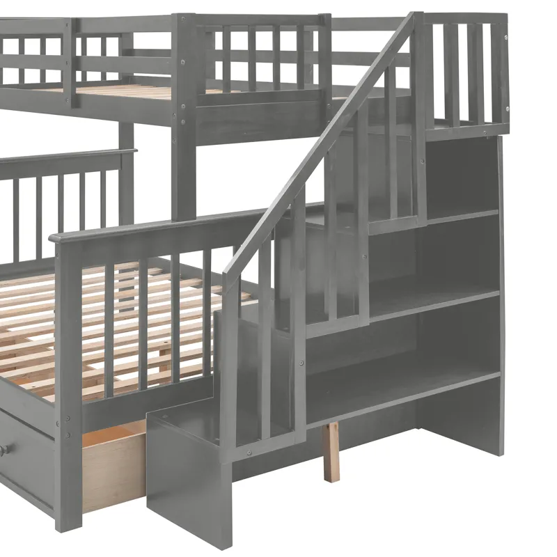 Twin Over Full Stairway Bunk Bed With Drawer, Storage And Guard Rail For Bedroom, Dorm, For Adults -