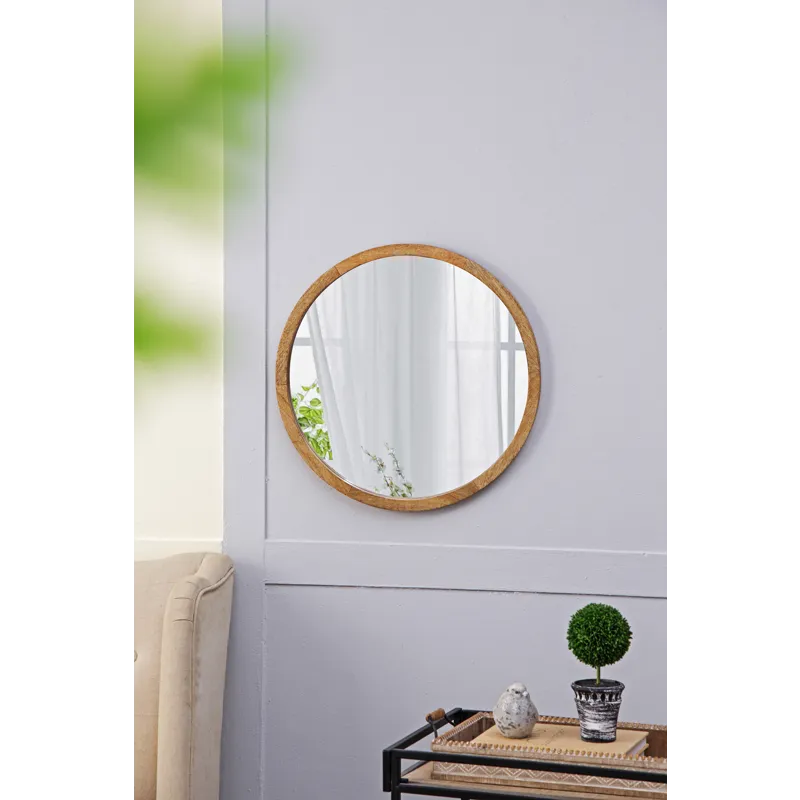 Circle Wall Mirror With Wooden Frame, Wall Mirror For Living Room - Brown