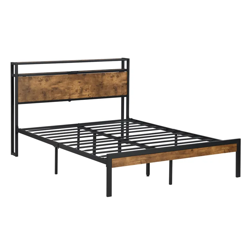 Full Size Metal Platform Bed Frame With Wooden Headboard And Footboard With USB Liner, No Box Spring