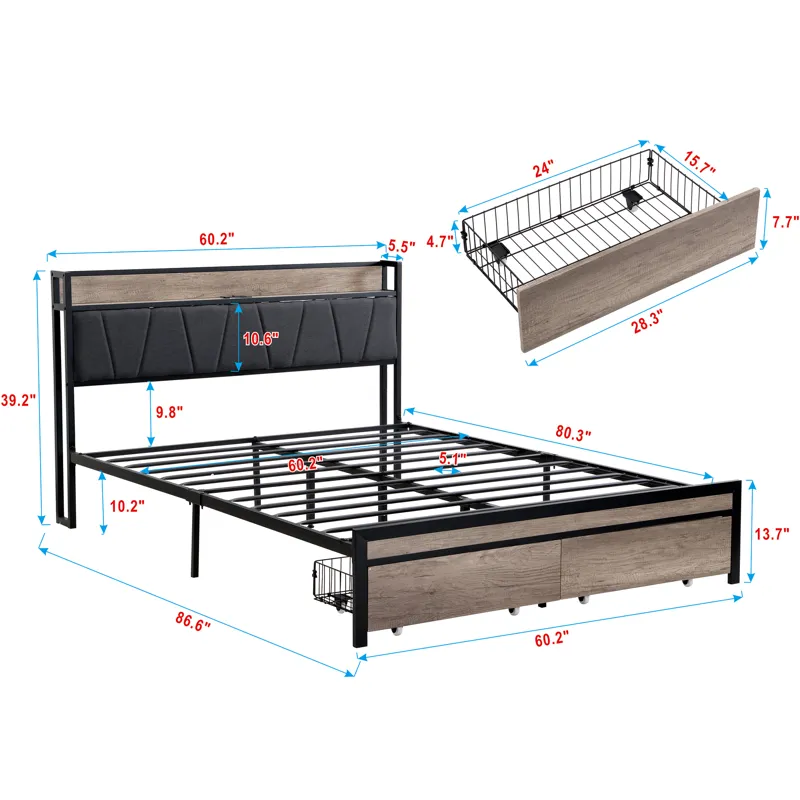 Queen Size Metal Platform Bed Frame With Upholsteryolstery Storage Function Headboard And USB Liner 