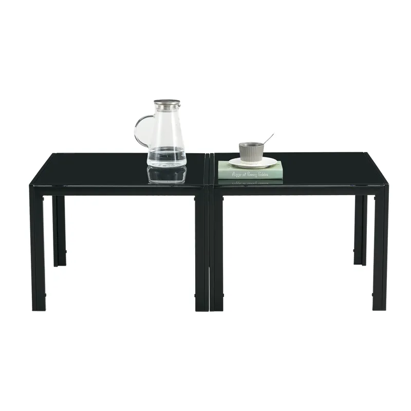 Coffee Table (Set of 2), Square Modern Table With Tempered Glass Finish For Living Room - Black
