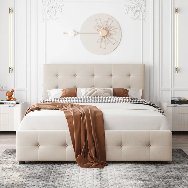 Queen Size Upholstered Platform Bed With Classic Headboard And 4 Drawers, No Box Spring Needed - Bei