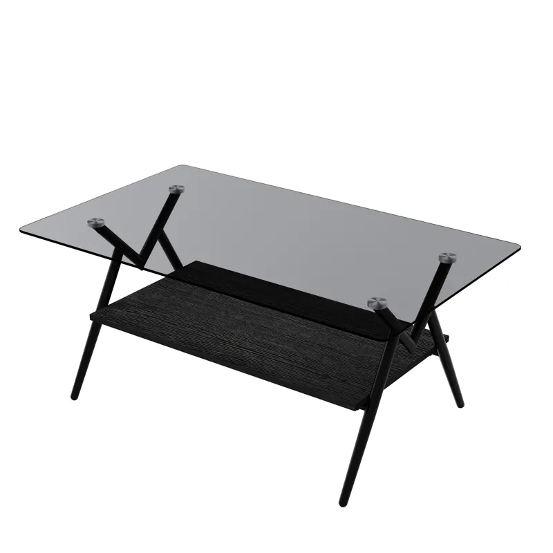 Rectangle Coffee Table With Tempered Glass Top And Black MDF Shelf, Modern Table For Living Room - G