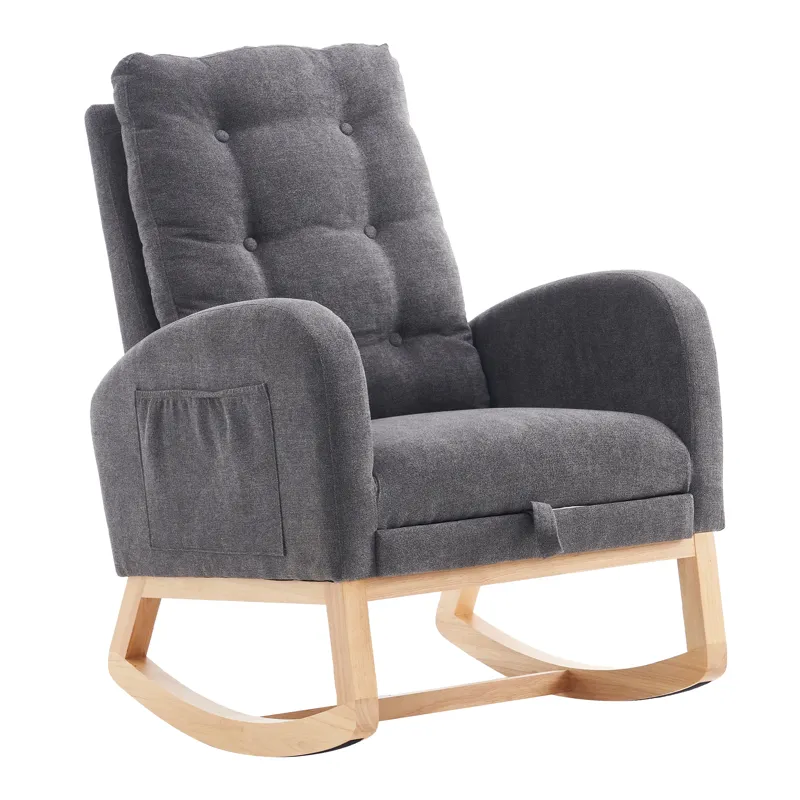 Accent Rocking Chair With Footrest High Back Rubber Wood Rocking Legs Bedroom Living Space - Gray