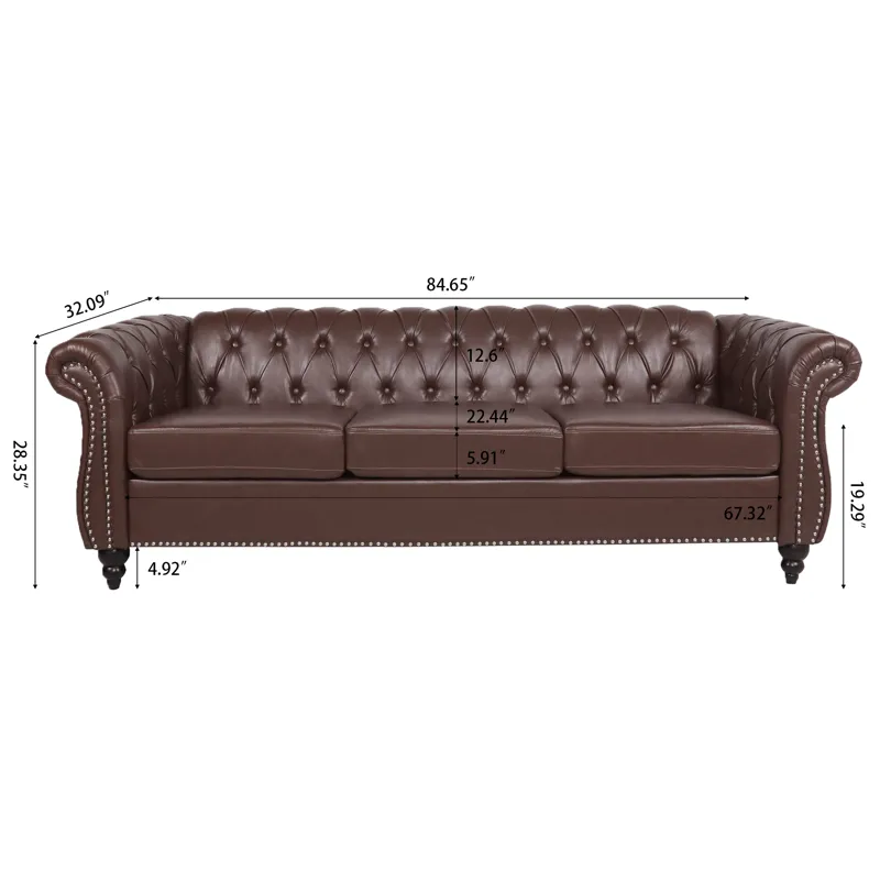 Rolled Arm Chesterfield Three Seater Sofa - Dark Brown