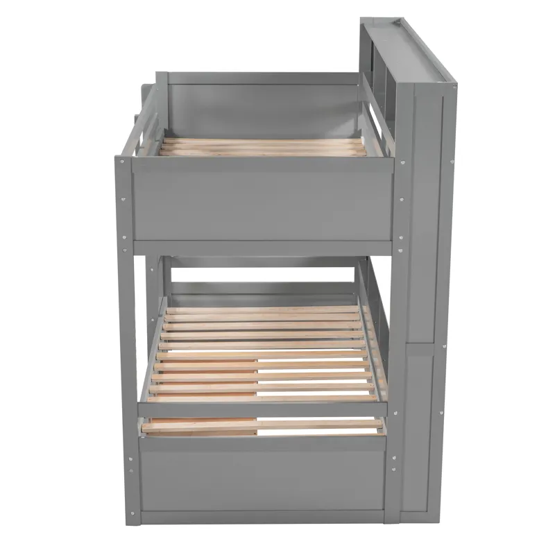 Twin Size Bunk Bed With Built-In Shelves Beside Both Upper And Down Bed And Storage Drawer - Gray