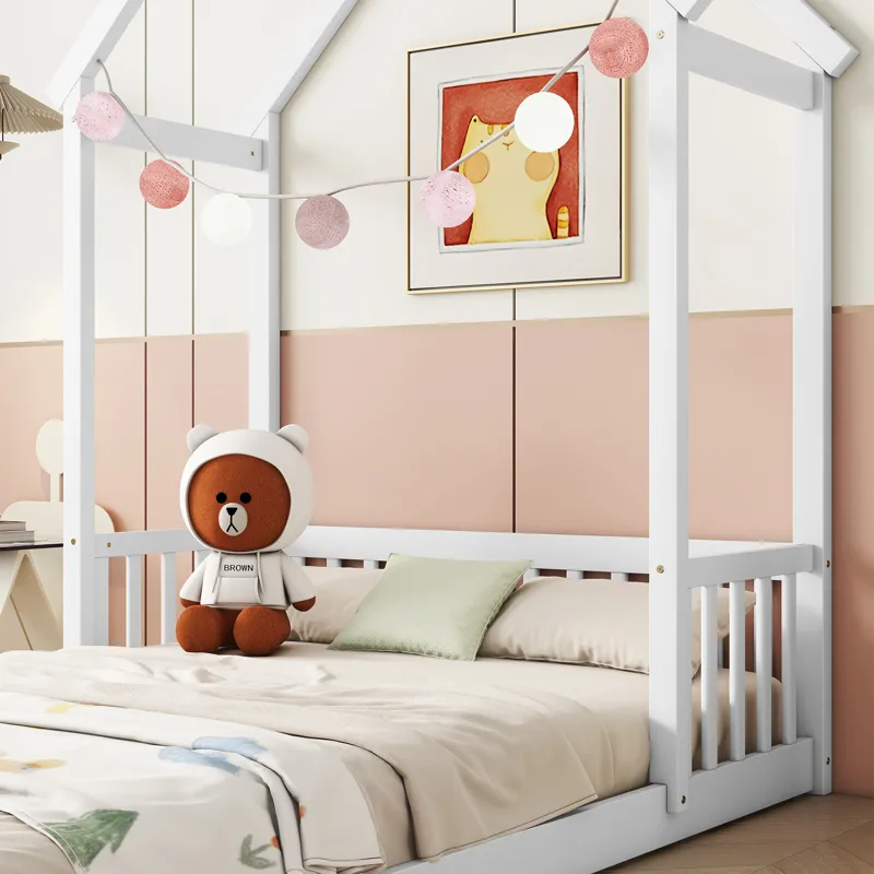 Full Roof-Framed Headboard Floor Bed With Headboard Guardrails - Without Slats White