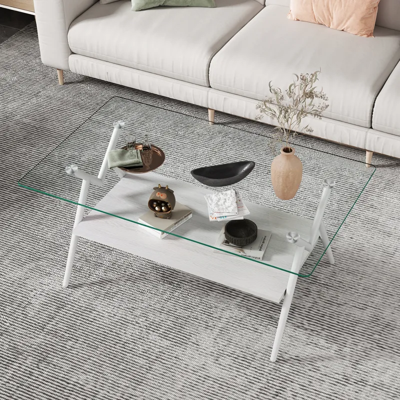 Rectangle Coffee Table With Tempered Glass Top And Metal Legs, Modern Table For Living Room - Transp