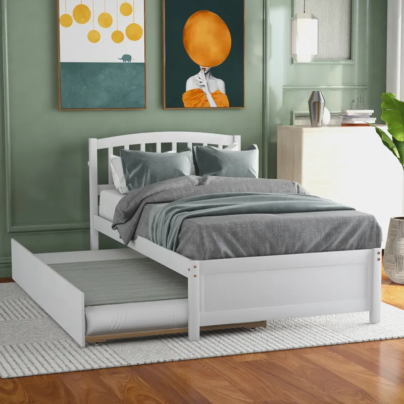 Twin Size Platform Bed Wood Bed Frame With Trundle - White