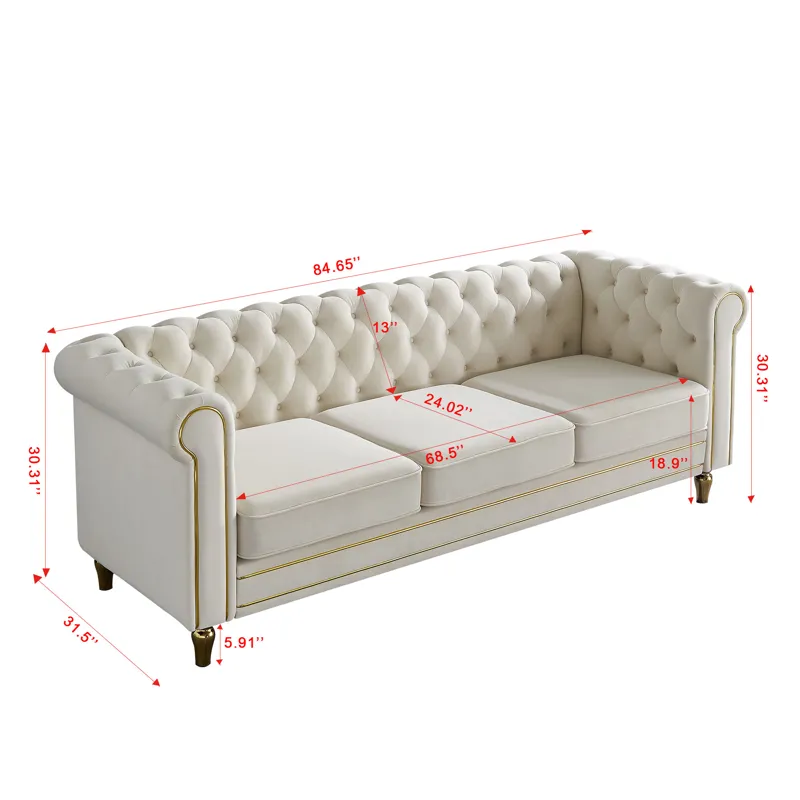 Chesterfield - Velvet Sofa 84.65\" For Living Room - Beige