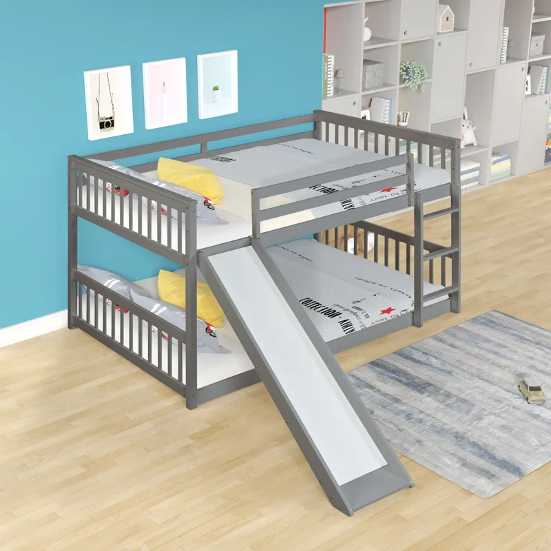 Full Over Full Bunk Bed With Slide And Ladder - Gray