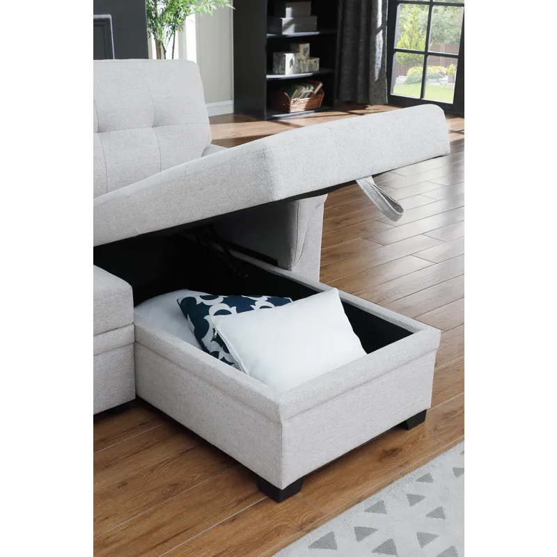 Hunter - Linen Reversible Sleeper Sectional Sofa With Storage Chaise - Light Gray