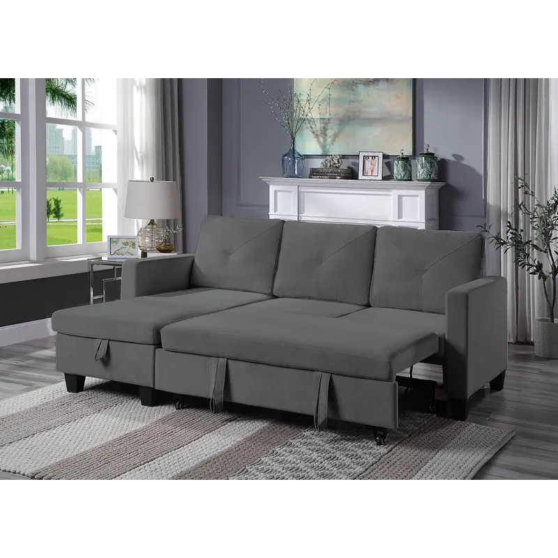 Nova - Velvet Reversible Sleeper Sectional Sofa With Storage Chaise - Dark Gray