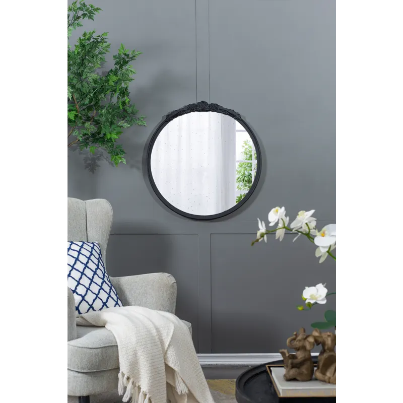 Round Hand Carved Rose Antique Mirror Frame, Wall Mirror For Live Space, Bathroom, Entryway Wall Dec