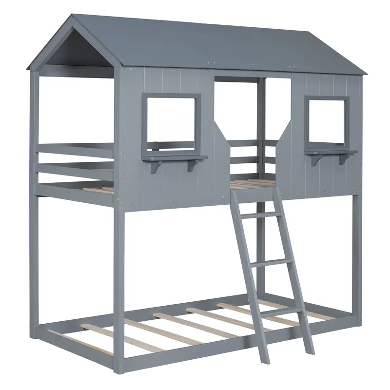 78\" Twin Over Twin Bunk Bed Wood Bed With Roof, Window, Guardrail, Ladder - Gray