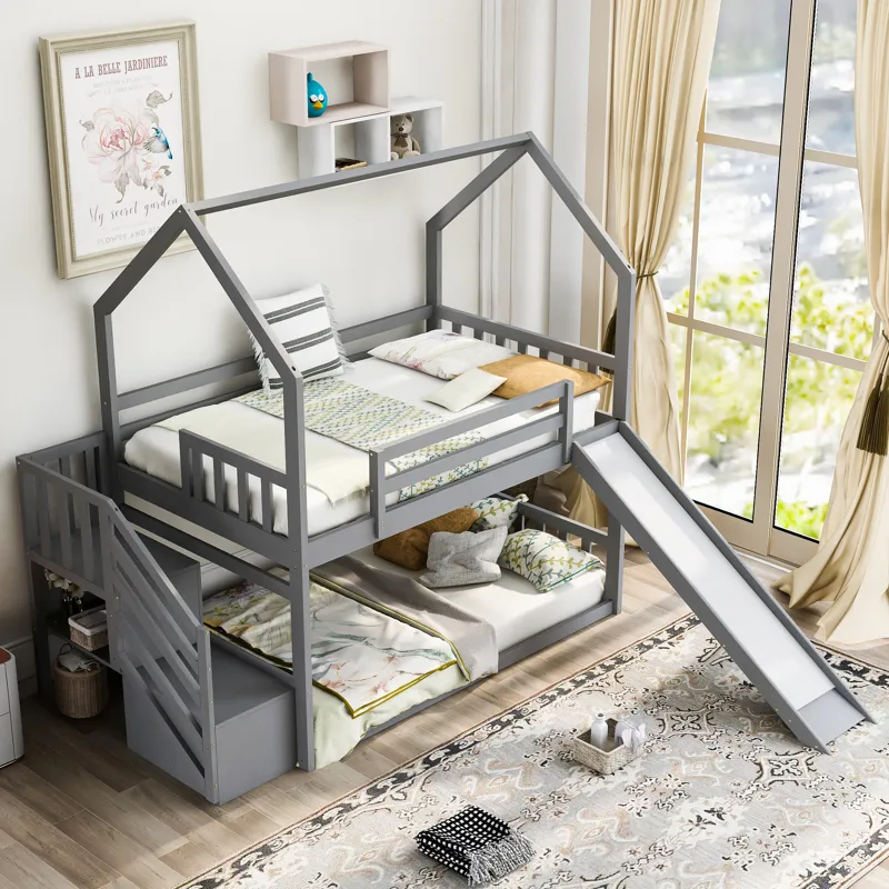 Twin Over Twin House Bunk Bed With Convertible Slide, Storage Staircase Can Be Placed Left Or Right 