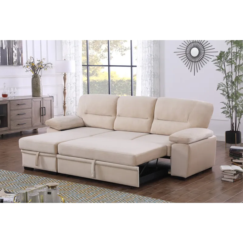 Kipling - Velvet Fabric Reversible Sleeper Sectional Sofa Chaise - Beige