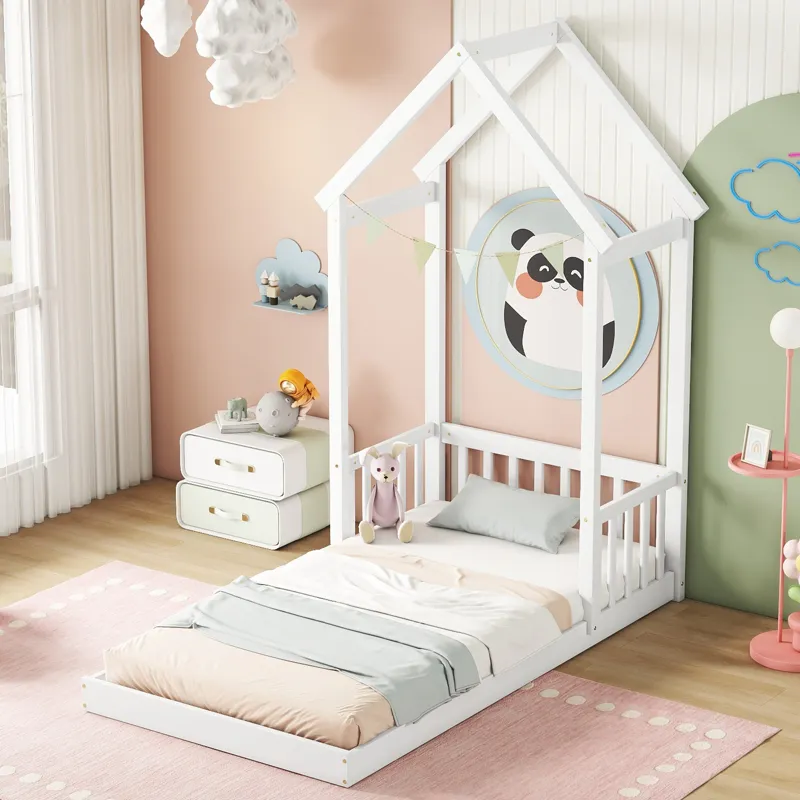 Twin House-Shaped Roof Headboard Floor Bed, (Without Slats) - White