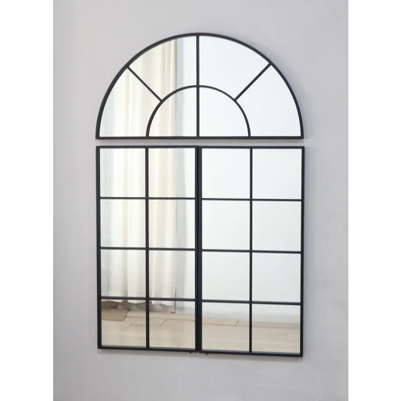 Large Arched Wall Mirror With Three Separate Sections - Black