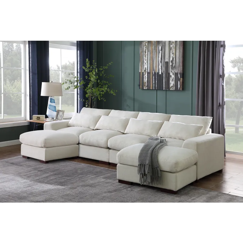 Tatman - Linen Blend Sectional With 2 Ottomans - Beige
