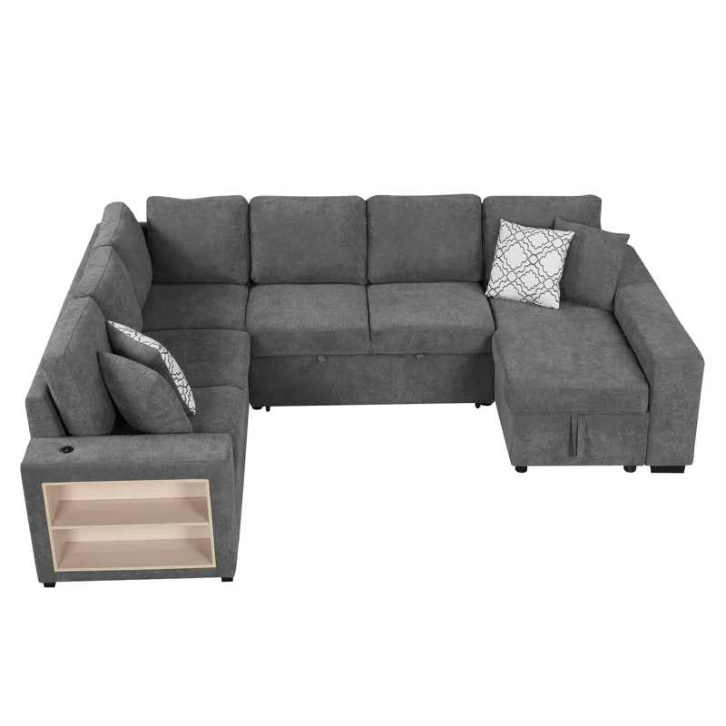U-Shaped Sectional Sofa Pull-Out Sofa Bed With Two USB Ports, A Storage Chaise Lounge And Four Back 