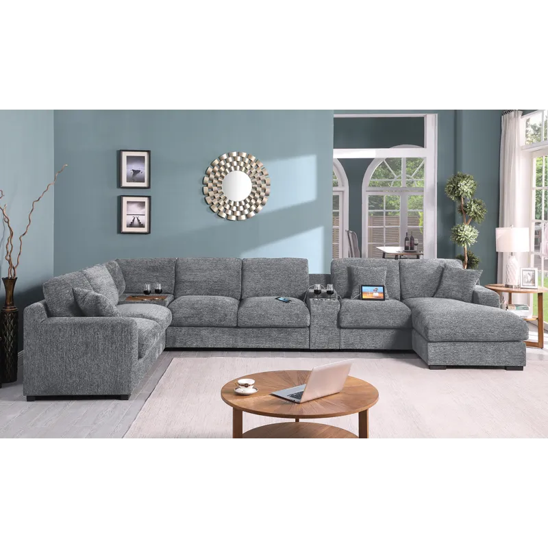 Celine - Chenille Fabric Corner Sectional Sofa With Right-Facing Chaise, Cupholders, And Charging Po