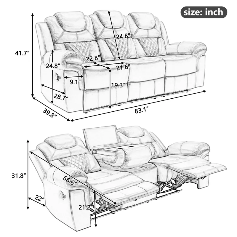 Home Theater Seating Manual Recliner Chair With Center Console And Led Light Strip For Living Room -