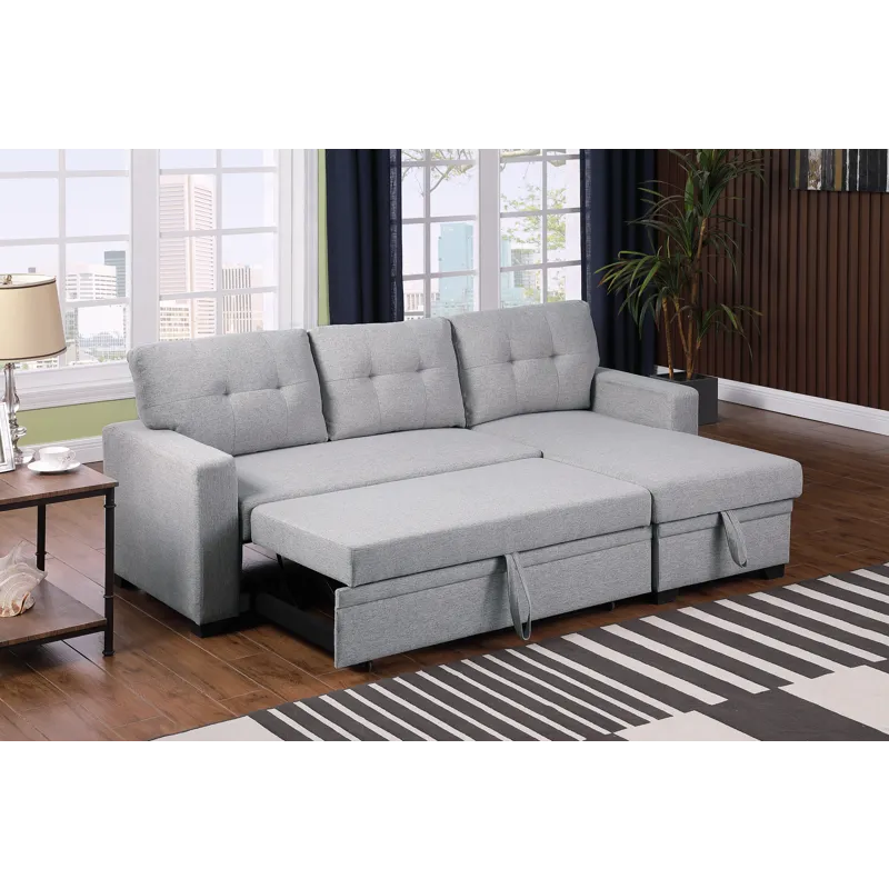Upholstered Pull Out Sectional Sofa With Chaise - Light Gray