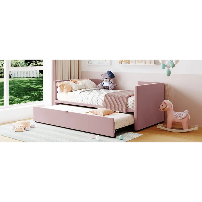 Twin Size Upholstered Daybed With Pop Up Trundle - Pink