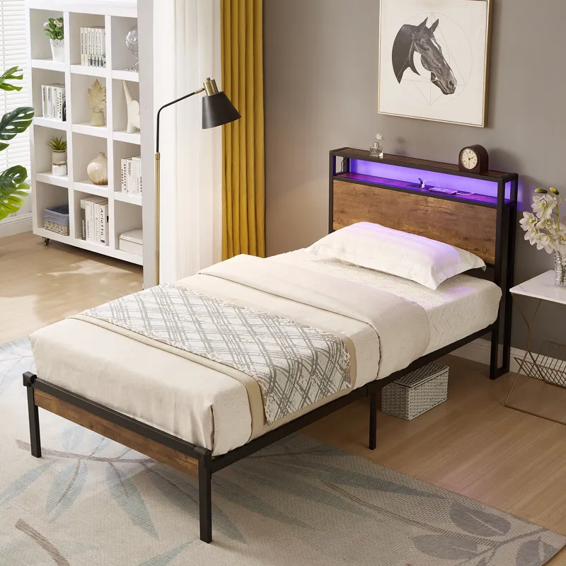 Twin Size Metal Platform Bed Frame With Wooden Headboard And Footboard With USB Liner, LED Lights, N