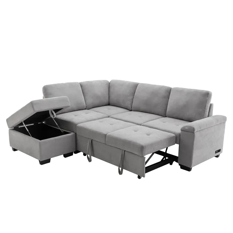 Sleeper Sectional Sofa, L-Shape Corner Couch Sofa - Bed With Storage Ottoman & Hidden Arm Storage & 
