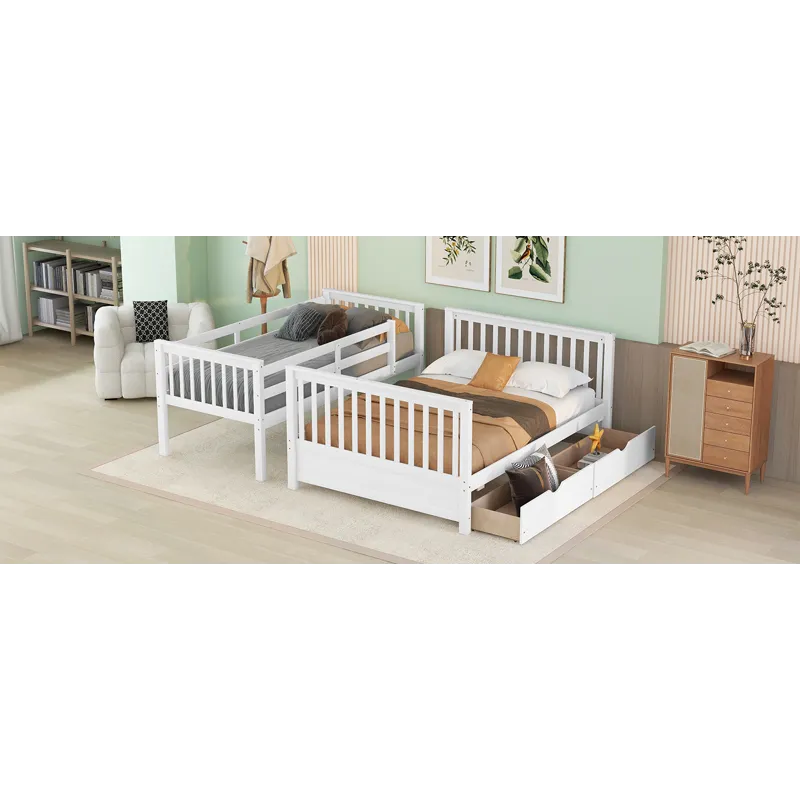 Twin Over Full Bunk Bed With Ladders And Two Storage Drawers - White