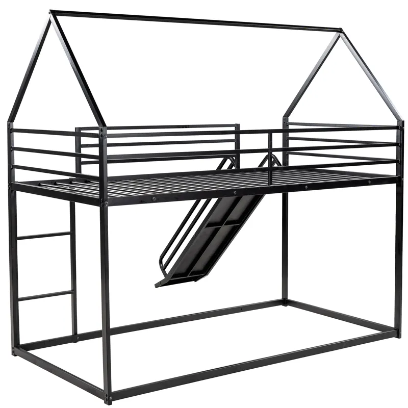 Twin Over Twin House Bunk Bed With Ladder And Slide - Black