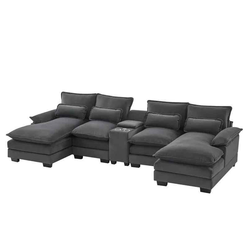 Modern U Shaped Sofa With Console, Cupholders And USB Ports, 6 Seat Upholstered Symmetrical Indoor F