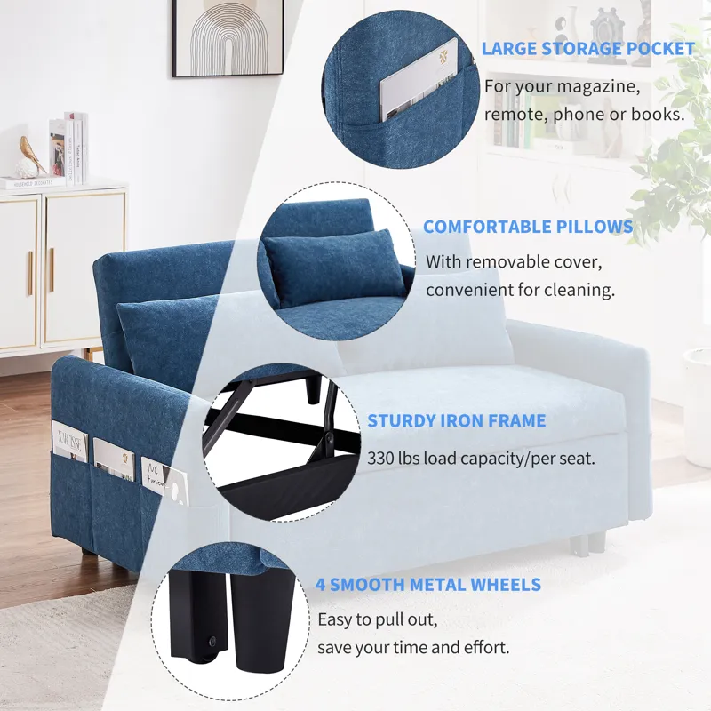 Pull Out Sleep Sofa Bed Loveseats Sofa Couch With Adjsutable Backrest, Storage Pockets, 2 Soft Pillo
