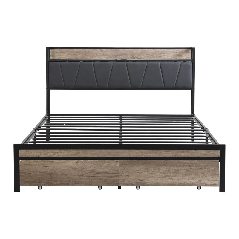 Queen Size Metal Platform Bed Frame With Upholsteryolstery Storage Function Headboard And USB Liner 