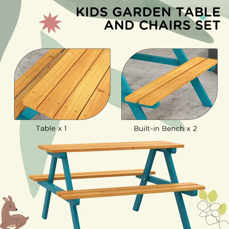 Outsunny - Kids Picnic Table Set With Wooden Table, Outdoor Bench Set With Seating For 4 Kids Ages 3