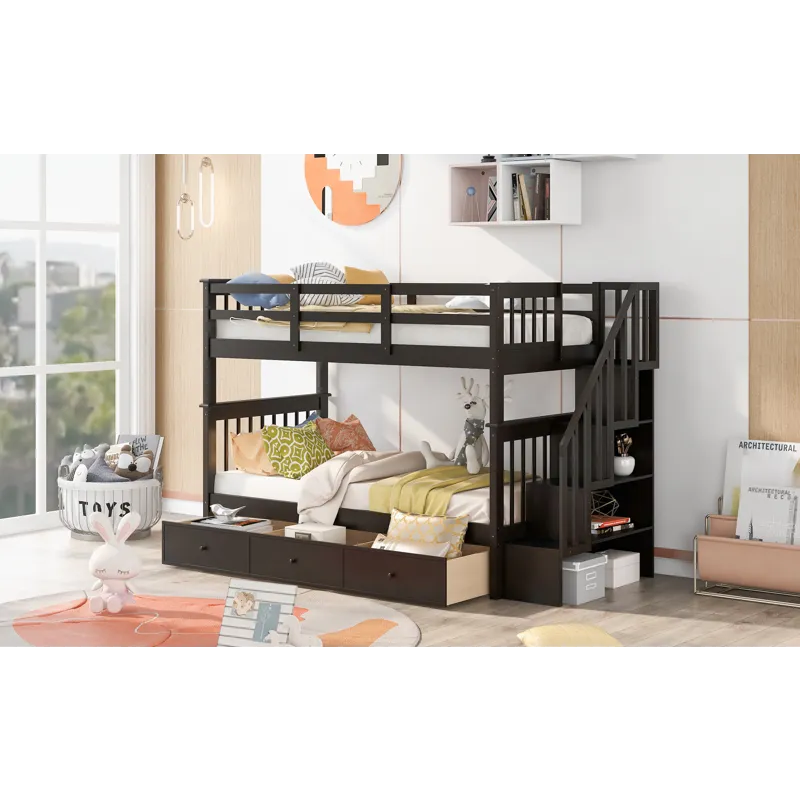 Stairway Twin Over Twin Bunk Bed With Three Drawers For Bedroom, Dorm - Espresso