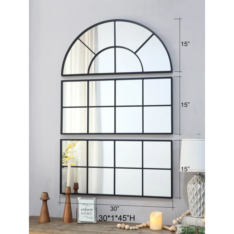 Large Arched Wall Mirror With Three Separate Sections - Black