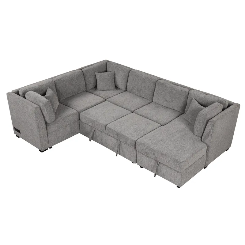U-Shaped Sectional Sofa Pull Out Sofa Bed With Two USB Ports, Two Power Sockets, Three Back Pillows 