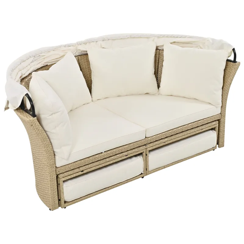 Outdoor Patio Daybed Wicker Rattan Double Daybed Round Sofa Furniture Set With Retractable Canopy, 4