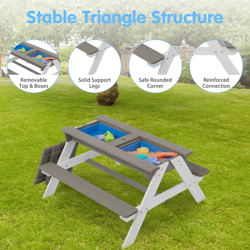 3-In-1 Kids Outdoor Wooden Picnic Table With Umbrella, Convertible Sand & Water, ASTM & CPSIA Certif