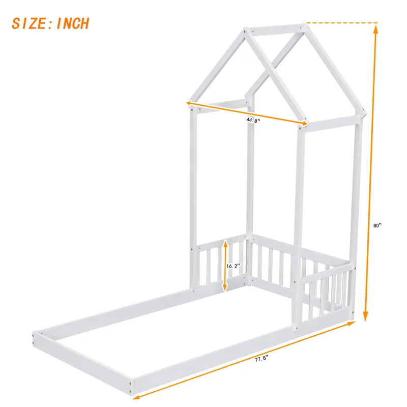 Twin House-Shaped Roof Headboard Floor Bed, (Without Slats) - White